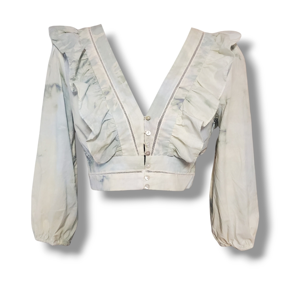 NWT  ZARA Tie Dye Blue V-neck Ruffle Crop Top